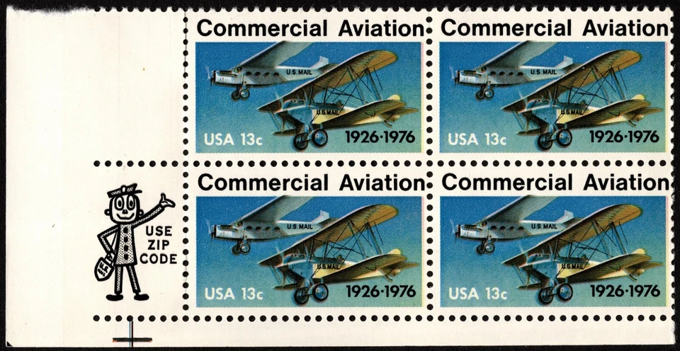 US - 1976 - 13 Cents Commerical Aviation Biplanes Zip Block of 4 Mint NH # 1684 - Image 1 of 1