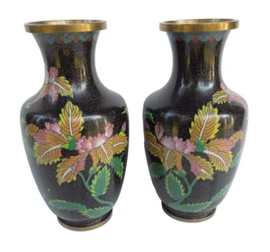 CLOISONNE Chinese Vase 9 in VINTAGE Set of 2 Floral enamel brass - Picture 1 of 10