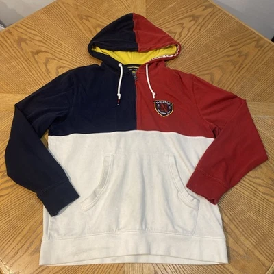 Pulôver com capuz vintage anos 90 Y2K Nautica colorblock quarto de zíper vermelho creme marinho - Imagem 1 de 4