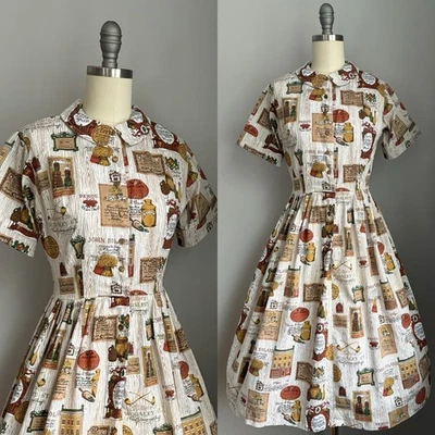 Vintage 50’s Tea Tobacco Coffee Novelty Print Shirtwaist Dress Size XS - Image 1 of 4