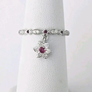 Anillo Colgante Flor Oro Blanco 14K Genuino Natural DIAMANTE Y RUBÍ  - Imagen 1 de 24