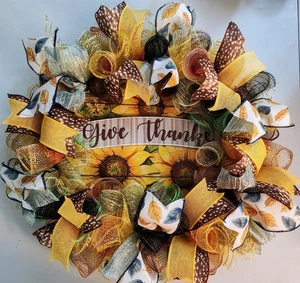 Handmade Seasonal Deco Mesh/Ribbon Wreath Give Thanks Yellow Autumn Sunflowers - Picture 1 of 3