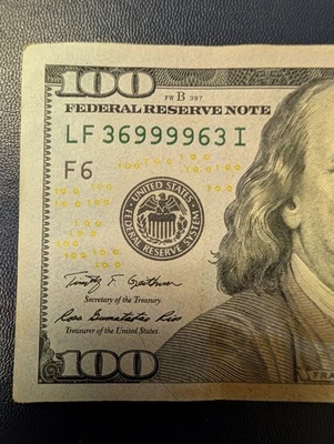 2009 $100 Radar True Palindrome Serial Number Note 36999963 Fancy Note - Image 1 of 4
