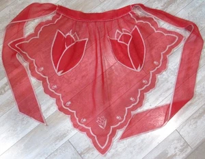 Vintage WEIHNACHTEN ROT Viskose Organza BEFLOCKTE SCHÜRZE Tulpentaschen durchsichtig gewellt - Bild 1 von 3