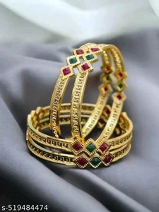 Premium Quality Multi Kundan Bangle Golden Bollywood Women Festive Chudiya(4Pcs) - Picture 1 of 4