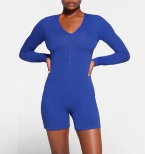 Skims Long Sleeve Henley One Piece Romper Size S Blue Cotton Lounge Sleepwear - Picture 1 of 10