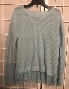 SO GIRLS RIBBED SPARKLE BABY BLUE SWEATER SIZE 16 WITH LACE BOTTOM WITH SNOWFLAK - Picture 1 of 7