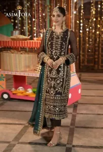 NEW Asim Jofa 3 Piece Embroidered Sequin Chiffon Silk Brown Sea-Green Unstitched - Picture 1 of 13