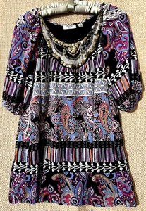 Uniform JPR Top M Black Wearable Art Silky Boho Beaded Neckline Shirt Blouse - Picture 1 of 6