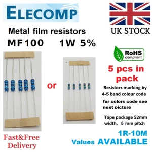 1W Metal film Resistors 5% All Values(1R-1K-1M) 5 in Pack Free P&P UK stock - Picture 1 of 6