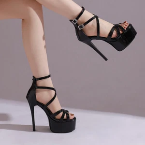 Damen-Riemchen-Plateausandalen Peeptoe Damen gekreuzte Riemen himmelhoher Absatz Schuhe - Bild 1 von 26