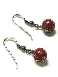 Vntg Chinese Red Floral Cloisonné Bead Drop Earrings W/ Sterling Silver Clasp - Picture 1 of 12