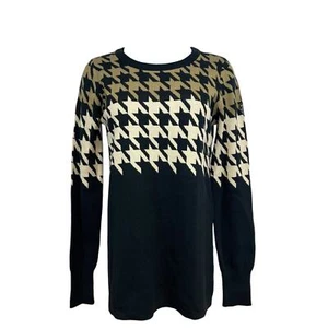 Kerrits maglione donna maglia girocollo pied de poule plaid colorblock nero marrone M - Foto 1 di 6