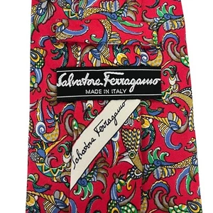 Salvatore Ferragamo Mens Tie Peacock Birds Abstract Red Silk 3.75" (W) x 56" (L) - Picture 1 of 9