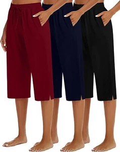 3 Pack Women's Capris Wide Leg Capri Pants Large, Black, Navy Blue, Wine Red - Picture 1 of 7