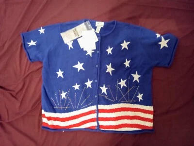 The Quacker Factory Short Sleeve USA Flag Cardigan Sweater 3X With Button Covers - Image 1 of 4