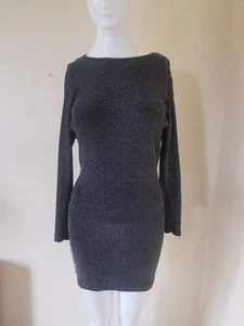 River Island glitzerndes figurbetontes Minikleid UK 12 Langarm hinten offen schwarz silber - Bild 1 von 13