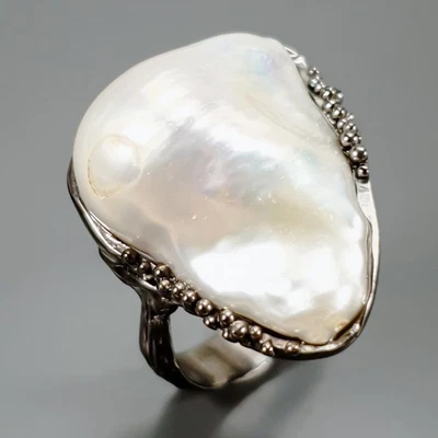 Кольцо ручной работы с натуральным барочным жемчугом серебро 925 пробы размер 8/R438689 - Изображение 1 из 4