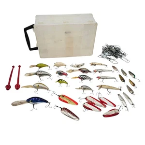 Vintage Fishing Lure Lot 29 Random Lures w/ Hook Removal Tools Stringer & Box - Picture 1 of 24