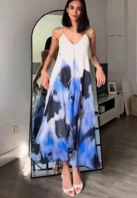 全新带标签 ZARA 100% Ramie 印花连衣裙 ZW 系列 Ecru/蓝色 2787/193 S 码 — 第 1/4 张图片