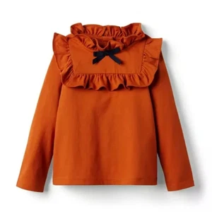 Janie and Jack Girls Orange Long Sleeve Top with Ruffles and Navy Bow Size 6 - Picture 1 of 5