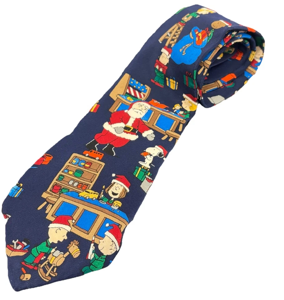 Corbata navideña vintage Peanuts Santa's Workshop 100 % seda Foto 1 de 4
