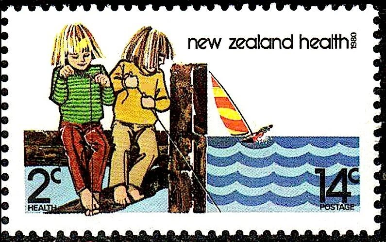 1980 年新西兰铸币厂邮票:儿童码头钓鱼,健康 14c,SG1226,男孩 — 第 1/1 张图片
