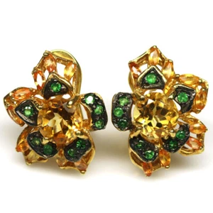 925 Sterling Silver Yellow Citrine, Tsavorite Garnet & Sapphire Earrings - Picture 1 of 4