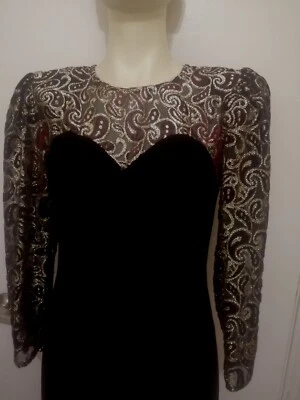 Vestido de fiesta de terciopelo negro de colección años 80 elegante brillante hombreras talla 9/10  Foto 1 de 4