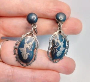 Vintage Siam Sterling Silver Black Enamel Goddess Dancer Screw Back Earrings - Picture 1 of 7