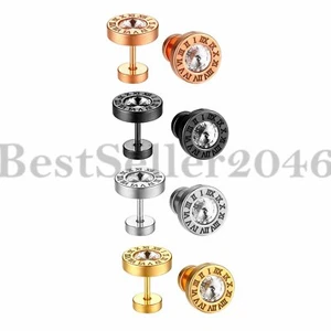 2-8pcs Men Women Stainless Steel Roman Numeral CZ Inlaid Barbell Stud Earrings - Picture 1 of 14