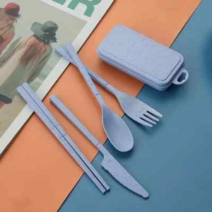 New 4pcs Outdoor Camping & Travel Cutlery Set W/ Storage Box, Blue - Picture 1 of 6