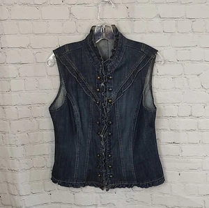 JEANS VEST DENIM Stretch TRIBAL Eye Hook Front Ruffled Trim Size Small - Picture 1 of 10