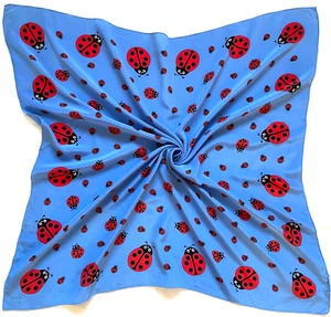 🐞 CODELLO Silk Scarf - 33" Blue Red LADYBUG Whimsical Insect Crepe Hand Rolled - Picture 1 of 7