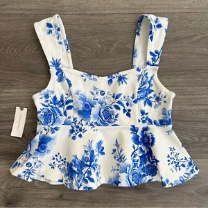 MAEVE Square Neck Peplum Top XS White Blue Floral Romantic Cottagecore Retro NWT - Picture 1 of 11
