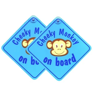 Blue Cheeky Monkey on Board Car Sign Twin Pack 5.5x5.5” Baby Safety Sign - Picture 1 of 6