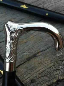 Solid silver Walking stick round head handle ~ vintage antique wooden cane gift - Picture 1 of 4
