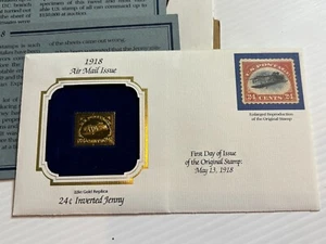 1918 Air Mail Issue 24c Inverted Jenny First Day Of Issue 22k Gold Stamp Replica - Picture 1 of 5
