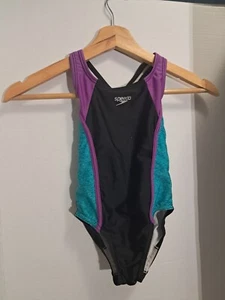 Speedo Girl's Youth One Piece Swimsuit Size XS Black with teal & purple accents! - Picture 1 of 7
