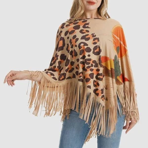 Montana West American Bling Leopard Desert Shawl Women Fringe Poncho Tan - Picture 1 of 5