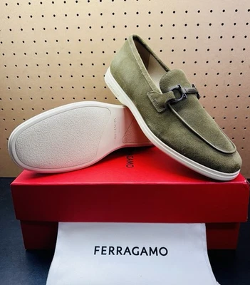 Nuevos Mocasines Salvatore Ferragamo Cosimo Gamuza Nuevos Oliva Becerro Para Hombres Talla 9 M Foto 1 de 4