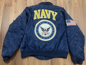 VINTAGE US Navy Jacket Mens Large Blue Bomber MA-1 Embroidered Back Patch 90s - Picture 1 of 13