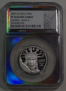 2007 W Eagle P$50 PF70 Ultra Cameo 1/2 oz .9995 Platinum Coin Vaultbox HOLO CORE - Picture 1 of 2