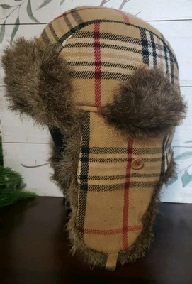 Unbranded Tan Red Black Burberry INSPIRED Plaid Aviator Fur Trapper Hat One Size - Image 1 of 4