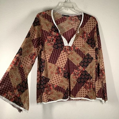 VINTAGE Plus Size Patchwork Blouse Top 1X Brown Floral Boho Hippie Retro 70s Y2K - Image 1 of 4