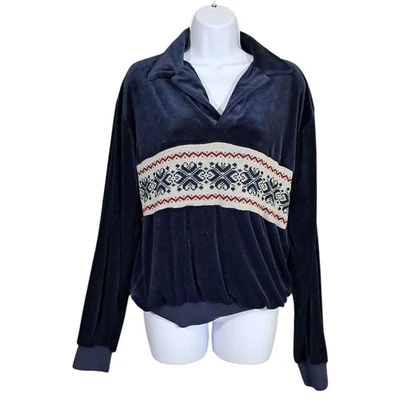 VTG 70s Probe Shirt Velvet Large Blue Knit  Mod Disco Preppy Velour Polo V Neck - Image 1 of 4