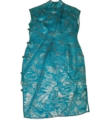 Vintage S Kimono Green Teal Blue Floral Embroidered Cheongsam Knee Dress Asian - Image 1 of 4