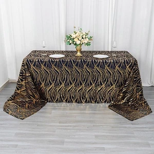 90x156 in BLACK GOLD Wavy Sequined Mesh Rectangle TABLECLOTH Party Events - Picture 1 of 8