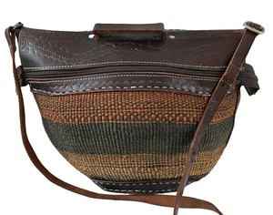 Vintage gewebte Markttasche Schultertasche verziertes Leder Reißverschluss Umhängetasche - Bild 1 von 11