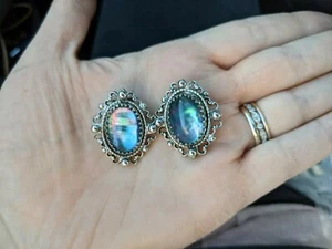 Vtg Whiting & Davis Silver Tone Abalone Glass Gripoix Cabochon Clip On Earrings - Picture 1 of 11